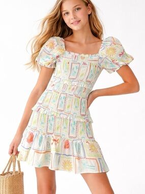 J Marie Girls Dress Size 14 White Multicolor Print Puff Sleeve Smocked Tiered